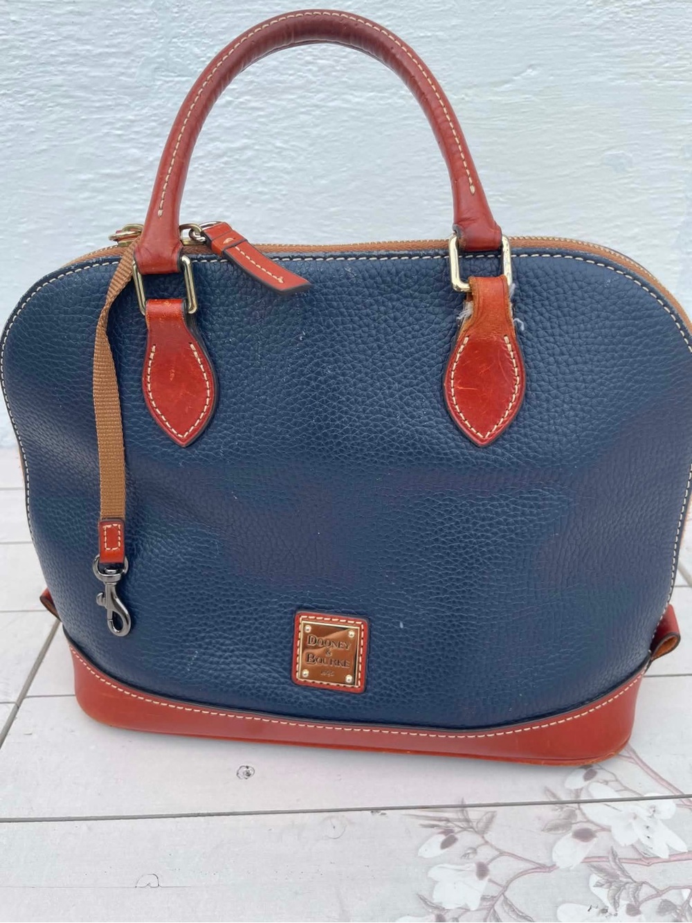 Dooney & Bourke Navy Pebble Leather Satchel with Brown Trim and Handles - Picture 4 of 14